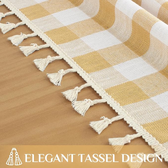 Softalker Checkered Tablecloth Rectangle, Outdoor Linen Cotton Gingham Table Cloth with Tassel, Heavy Duty Wrinkle Free Buffalo Plaid Table Cover for Kitchen Dining Summer Party - 55 x 84 Inch, Yellow