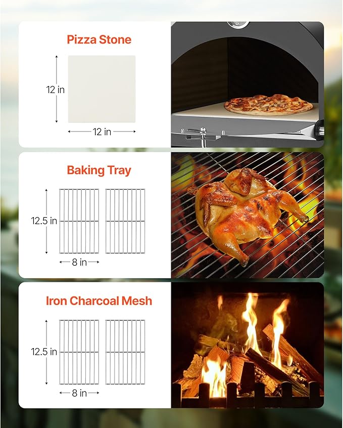 VEVOR Portable Outdoor Oven, 12-inch Stand Pizza Oven with Casters, Pellet & Chips & Charcoal & Firewood Four Fuel, Baked Paint Pizza Grill, Includes Pizza Stone, Pizza Shovel, for Camping & Backyard