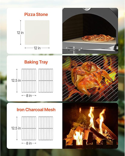 VEVOR Portable Outdoor Oven, 12-inch Stand Pizza Oven with Casters, Pellet & Chips & Charcoal & Firewood Four Fuel, Baked Paint Pizza Grill, Includes Pizza Stone, Pizza Shovel, for Camping & Backyard