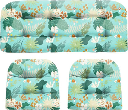 DANGHOOGY Wicker Chair Cushions, Waterproof Outdoor Loveseat Cushions for Patio Furniture, Tufted Wicker Furniture Cushions, 1 Loveseat and 2 U-Shaped Cushions (Cyan Flower)