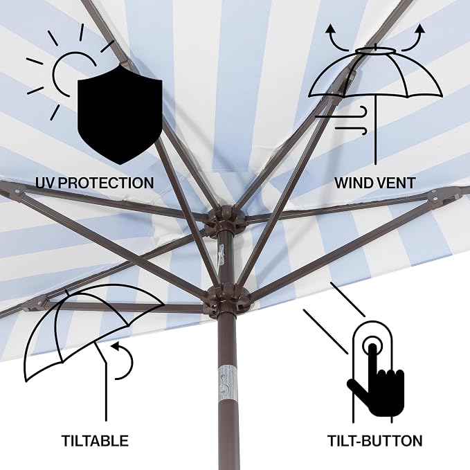 JONATHAN Y Beverly 9 ft. Striped Half Umbrella, Light Blue/Dark Brown | Coastal Scalloped Fringe, Crank Lift, 30 Degree Manual Tilt, UV 50 Polyester Canopy, Aluminum Frame, Space Saving Design