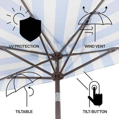JONATHAN Y Beverly 9 ft. Striped Half Umbrella, Light Blue/Dark Brown | Coastal Scalloped Fringe, Crank Lift, 30 Degree Manual Tilt, UV 50 Polyester Canopy, Aluminum Frame, Space Saving Design