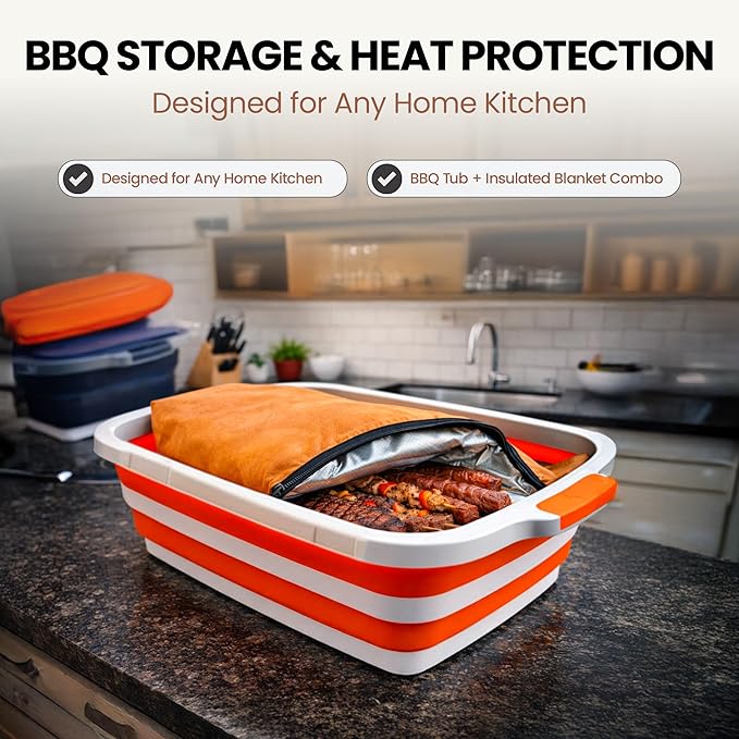 BBQ Prep Tub with BBQ Blanket, 16L Multifunctional Camping Cutting Board with Locking Lid, Reusable Meat Resting Bag for Smoking, Collapsible Dish Basin for Marinating Food (Large 16L)