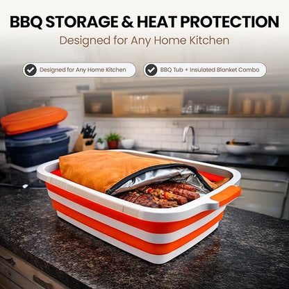 BBQ Prep Tub with BBQ Blanket, 16L Multifunctional Camping Cutting Board with Locking Lid, Reusable Meat Resting Bag for Smoking, Collapsible Dish Basin for Marinating Food (Large 16L)
