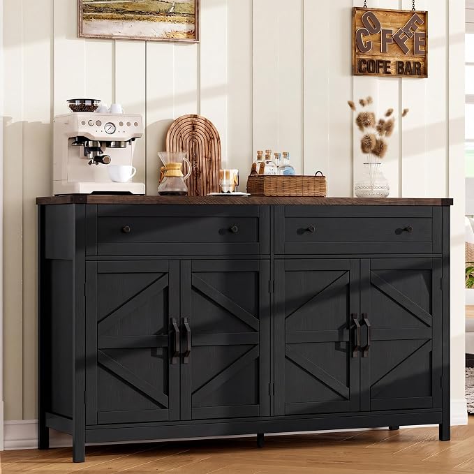 ChooChoo 55" W Coffee Bar Cabinet, Kitchen Storage Cabinet with 2 Drawers | Farmhouse Sideboard Buffet Cabinet, Adjustable Shelf & 4 Doors, Vintage Black