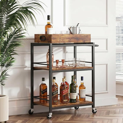 3-Tier Rolling Bar Cart with Removable Tray for Home Kitchen | Rolling Wheels with Handle, 3-Tier Storage, Removable Serving Tray, Sturdy Frame, Multi-Purpose for Kitchen & Bar Use