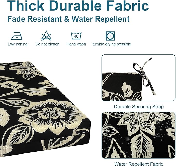 DYTXIII Set of 2 Outdoor Chair Cushions, Water Resistant 18.5"x16"x2" Square Seat Cushion for Patio Dining Chairs, High-Density Replacement Pads for Indoor Outdoor Furniture - Vines Black