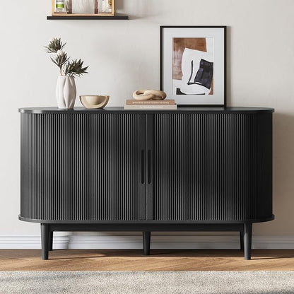 LINSY HOME 55" Sideboard Buffet Cabinet,Tambour Sliding Doors & Drawer | Black Fluted Coffee Bar Cabinet with Large Storage, Mid Century Modern Wood Storage Buffet Table for Kitchen, Living Room