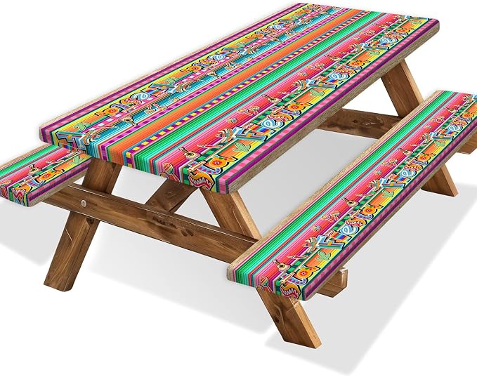 Mexican Fiesta Picnic Table Cover with Bench Covers and Bag, Camping Essentials, Cinco De Mayo Printed Table Cloth Waterproof Fitted Tablecloth Cover with Elastic Edge for Outdoor 3 PCS 30x96 Inch