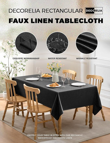 Decorelia Faux Linen Farmhouse Table Cloth 60"x104" for 6 ft Rectangle Table, Black Waterproof Outdoor Washable Cloth Tablecloth for Rectangular Dining Room Kitchen Outdoor Party Restaurant Decor