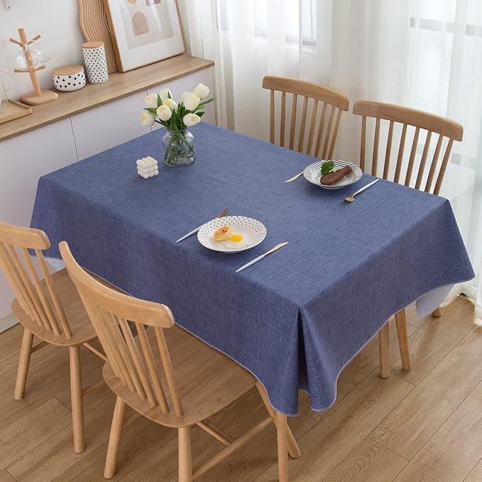 LIBERECOO Vinyl Tablecloth with Flannel Backing, Denim Blue, Waterproof, Stain-Resistant, Easy-Clean Table Cover for Dining, Kitchen, and Outdoor Use, 60" x 84" Rectangle
