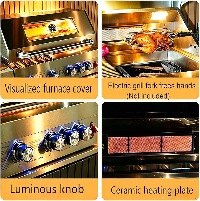 28in Gas Grill Built-In Head, 5-Burner Propane Grill, Natural Gas/Charcoal Convertible,Heavy Duty 304 Stainless Steel with Rear Burner，63100-BTUs BBQ Island Kitchen Gas Grill Outdoor Cooking