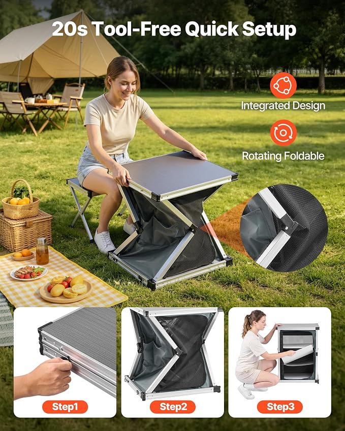 VEVOR Folding Camping Storage Cabinet, Outdoor Portable Aluminum Lightweight Table, Quick Set-up Compact Kitchen Cook Station, with 3 Shelves and Carry Bag, for Picnic, BBQ, Camping, RV Traveling