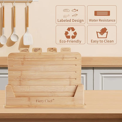Fiery Chef 12.6"L x 9"W Bamboo Cutting Board Set of 4 - Wood Cutting Board Set with Holder, Chopping Boards Set with Food Icons, Juice Groove - Ideal for Meat, Fish, Bread, Vegetable, Fruit Chopping