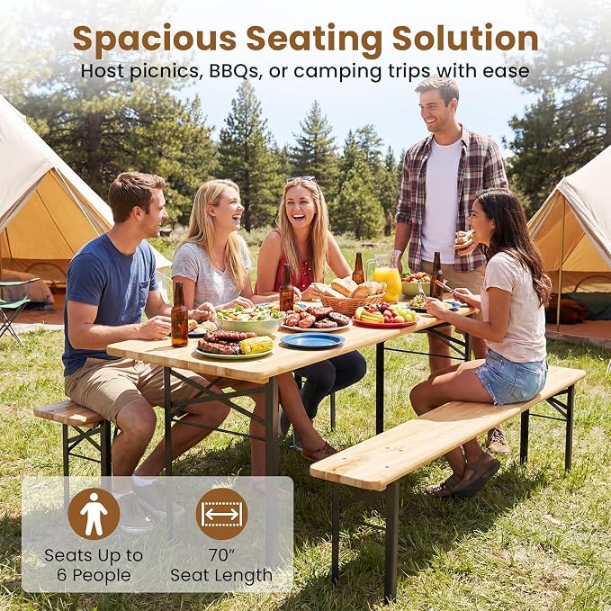 GIANTEX 70 Inch Folding Picnic Tables with Benches Set, Solid Wood Camping Beer Table Bench Set with Metal Frame, 3-Piece Portable Patio Dining Furniture, Indoor & Outdoor Folding Table and Chairs