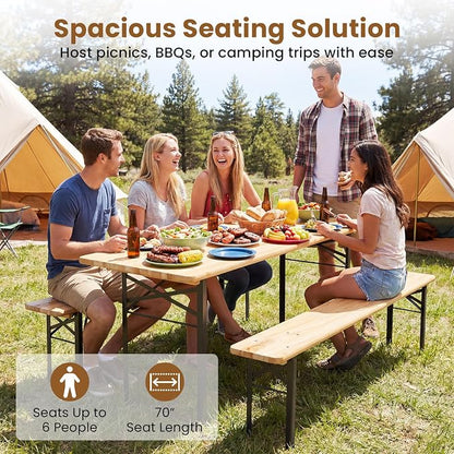 GIANTEX 70 Inch Folding Picnic Tables with Benches Set, Solid Wood Camping Beer Table Bench Set with Metal Frame, 3-Piece Portable Patio Dining Furniture, Indoor & Outdoor Folding Table and Chairs