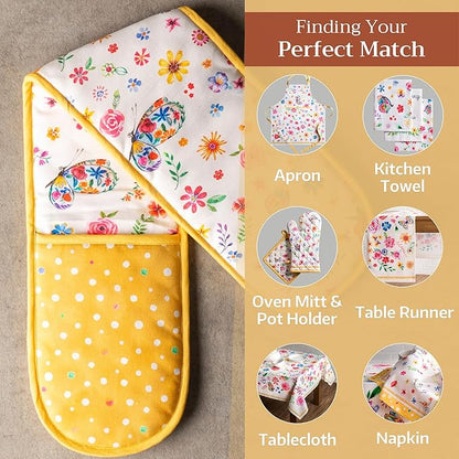 Maison d' Hermine Double Oven Mitts 100% Cotton 7"x35" Double Oven Mitt Heat Resistant BBQ Cooking Gloves with Loop Baking Grilling Kitchen Hotel Home Farmhouse Spring Summer (Happy Florals - Sweety)