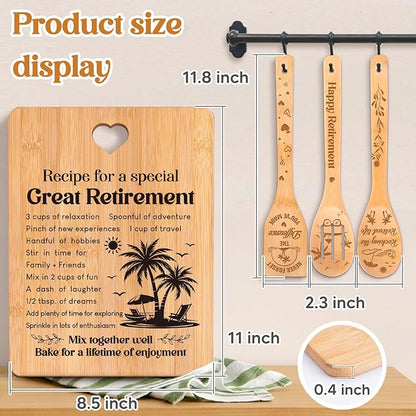 Retirement Gifts for Woman/Men 2026, Happy Retirement Bamboo Cutting Board Set for Colleagues, Coworker, Friend, Teacher, Boss, Parents, Family - Recipe for a Special Great Retirement.