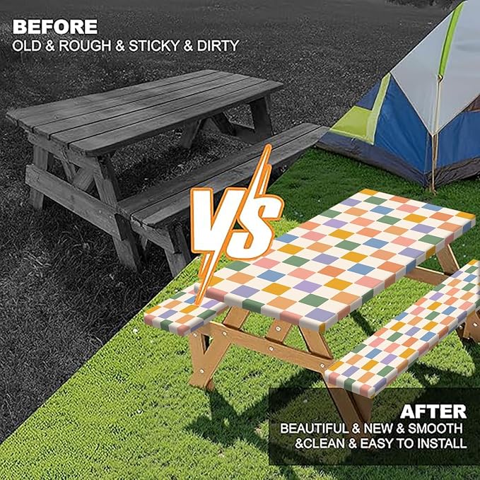Picnic Table Cover with Bench Covers Elastic Edges | Colorful Checkered Fitted Table Cover, 30x60 Inch 3PCS Outdoor Patio Camping Essentials, Waterproof Camping Fitted Tablecloth