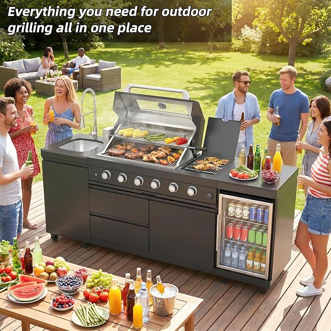 Outdoor Kitchen Island, 84.6 Inch 72000 BTU Propane Gas Grill Combination With Refrigerator and Sink, Outdoor Stainless Steel Barbecue Bar, Propane Grill, for Patios, Gardens, Parties