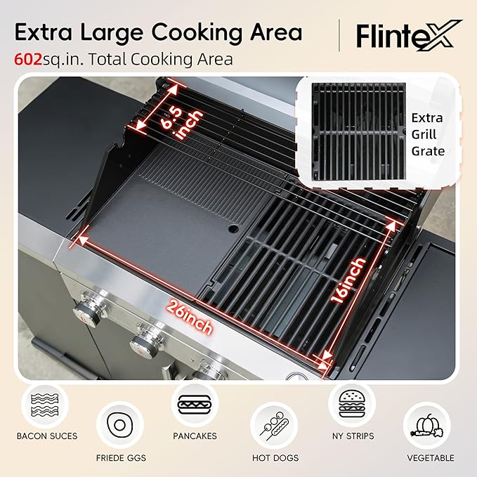 Flintex 4-Burner Propane Gas Kitchen Grill Island with Side Burner,44,000 BTU Stainless Steel BBQ Outdoor Griddle Grill Combo with LPG/NG Convertible and Storage Cabinets & Fold-out Table, Black