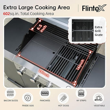 Flintex 4-Burner Propane Gas Kitchen Grill Island with Side Burner,44,000 BTU Stainless Steel BBQ Outdoor Griddle Grill Combo with LPG/NG Convertible and Storage Cabinets & Fold-out Table, Black