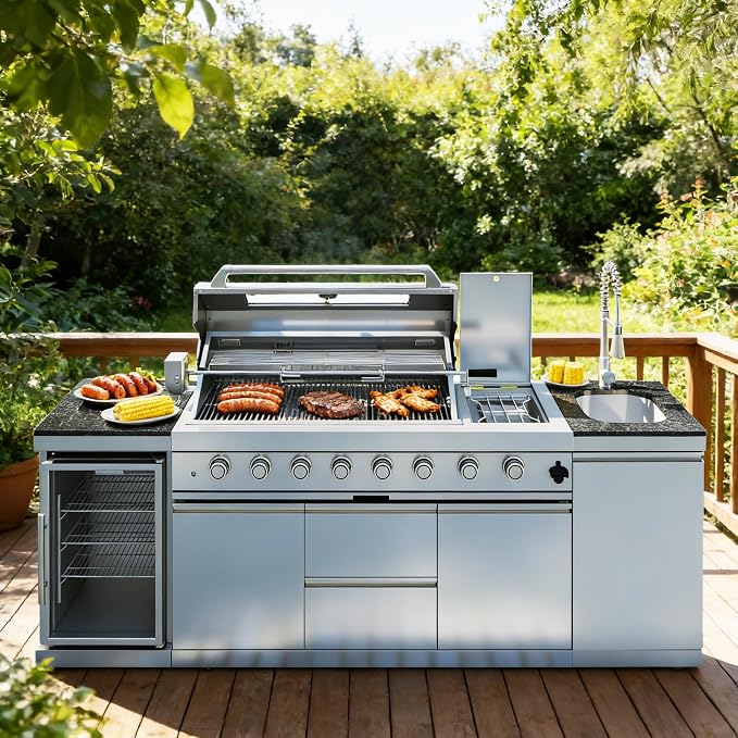 104" Modular Outdoor Kitchen Island With Grill And Side Burner, 4-burner 72,000 Btu Propane Bbq Island, Refrigerator, Separate Sink & Prep Station, For LP-Silver 85000BTU/96 Inch