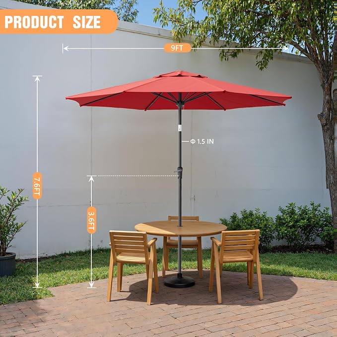Outdoor Patio Umbrella, Table Umbrella with Push Button Tilt and Crank, 8 Ribs Market Umbrella