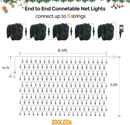 WBao Christmas Lights Outdoor 200LED 8.4ft x 5.2ft Christmas Net Lights with 8 Modes, Timer, End to End Connectable, Waterproof for Lawn, Bushes, Trees Outdoor Xmas Decorations, Red Green White