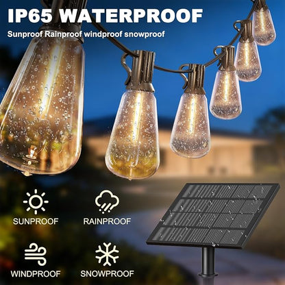 50FT Solar String Lights with 32 Bulbs 1.5FT Bulbs Spacing, 10Hours, Remote | 2Spare Bulbs, 3600mAm Battery, Remote On/Off & Sensor, Zipper & Screw, IP65 Waterproof For Patio Outside Backyard