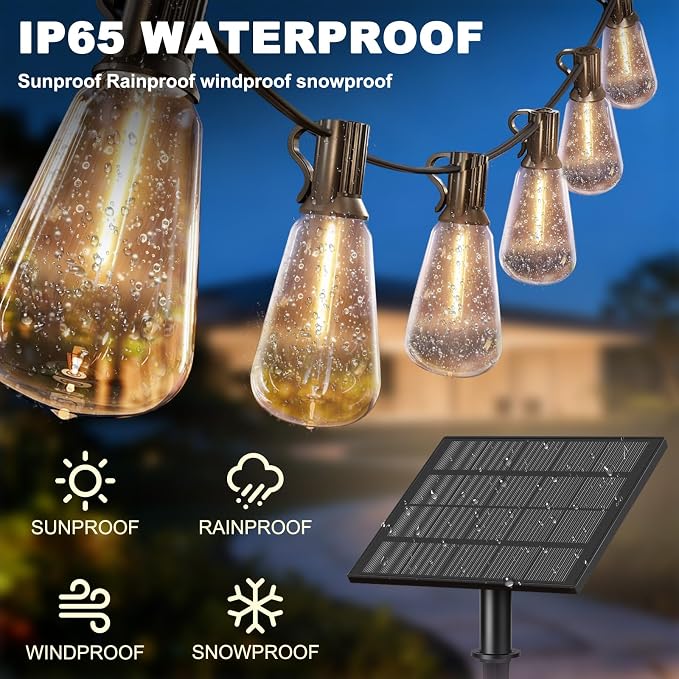 25FT Solar String Lights with 16 Bulbs 1.5FT Bulbs Spacing, 10Hours, Remote | 1Spare Bulbs, 2800mAm Battery, Remote On/Off & Sensor, Zipper & Screw, IP65 Waterproof For Patio Outside Backyard