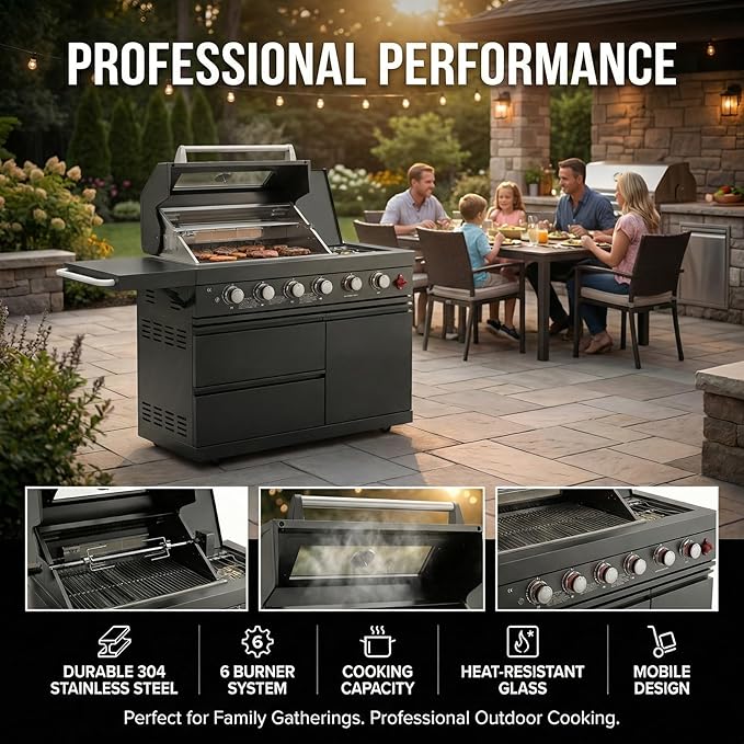 46" Outdoor Kitchen Island with Side Burner, 4-Burner 75,300 BTU Propane Gas BBQ Island with Rotisserie, Side Prep Shelf, Storage Drawers, LP/NG Convertible, for Backyard and Patio Cooking, Black