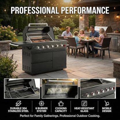 46" Outdoor Kitchen Island with Side Burner, 4-Burner 75,300 BTU Propane Gas BBQ Island with Rotisserie, Side Prep Shelf, Storage Drawers, LP/NG Convertible, for Backyard and Patio Cooking, Black