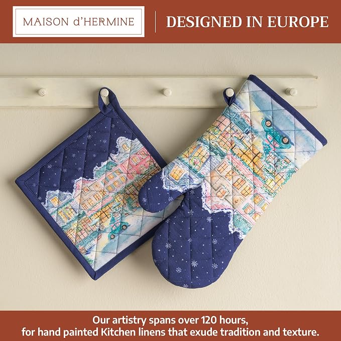 Maison d' Hermine 100% Cotton Oven Mitt & Pot Holder Set (7.5"x13" & 8"x8") | Heat Resistant BBQ Cooking Gloves with Loop Baking Kitchen Home Farmhouse Thanksgiving Christmas - Christmas Market - Blue