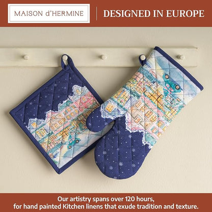 Maison d' Hermine 100% Cotton Oven Mitt & Pot Holder Set (7.5"x13" & 8"x8") | Heat Resistant BBQ Cooking Gloves with Loop Baking Kitchen Home Farmhouse Thanksgiving Christmas - Christmas Market - Blue