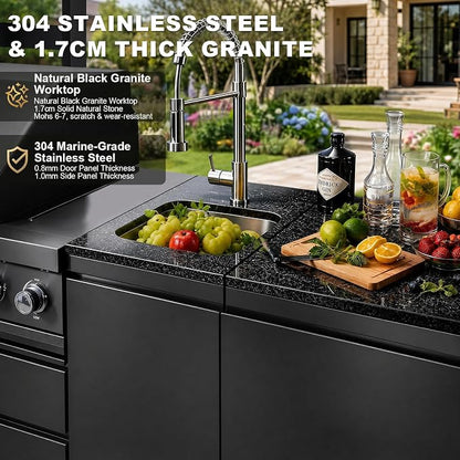94.3" 6-Burner Modular Outdoor Kitchen Island, 85000 BTU Propane Gas Grill | Rear Infrared, Galvanized Steel Roof, Granite Countertop, Fridge, 360° Pull-Out Faucet,304 Sink, Rotisserie