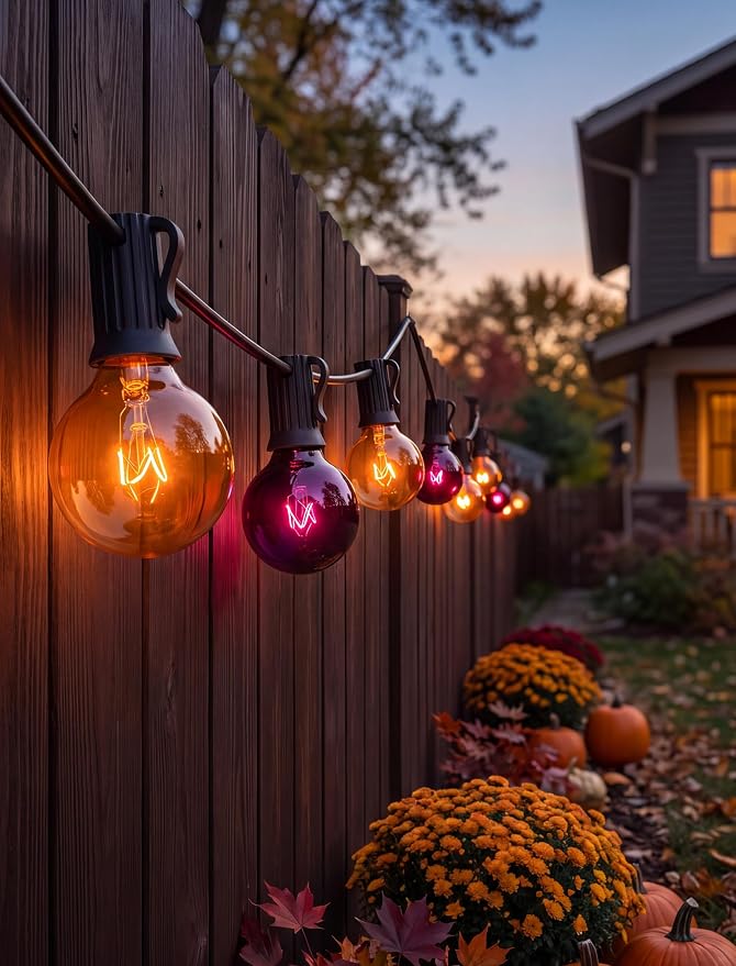 SUNSGNE 25FT G40 Halloween String Lights, Clear Orange Purple Globe Lights | 27 Glass Filament Bulbs(2 Spare), Orange Purple Halloween Glow, Vintage Glass Globe Design, Plug-In Power