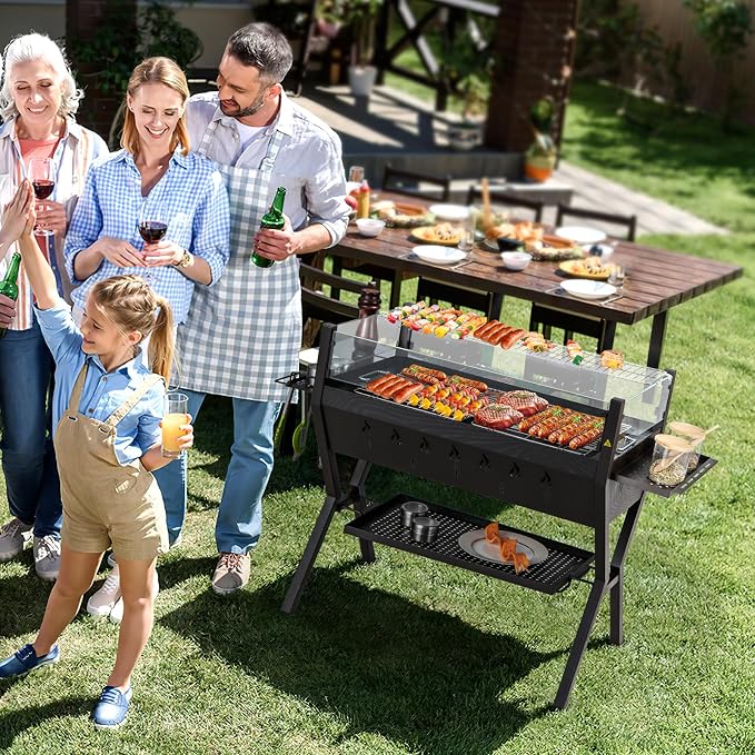 Giantex Charcoal Grill with Transparent Glass Wind Guard, Heavy Duty BBQ Grill Campfire Pit, Fire Bowl, Side Spice Racks, Bottom Storage Shelf, for Outdoor Cooking Backyard Barbecue Party