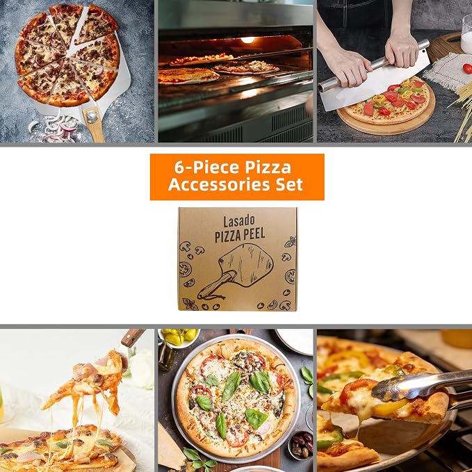 Pizza Peel and Pan Set, 6 Piece Pizza Oven Accessories, 12 Inch Metal Pizza Paddle with Foldable Wooden Handle, 8 Inch Metal Peel, Rocker Cutter, Server, Stainless Steel Plates and Tongs