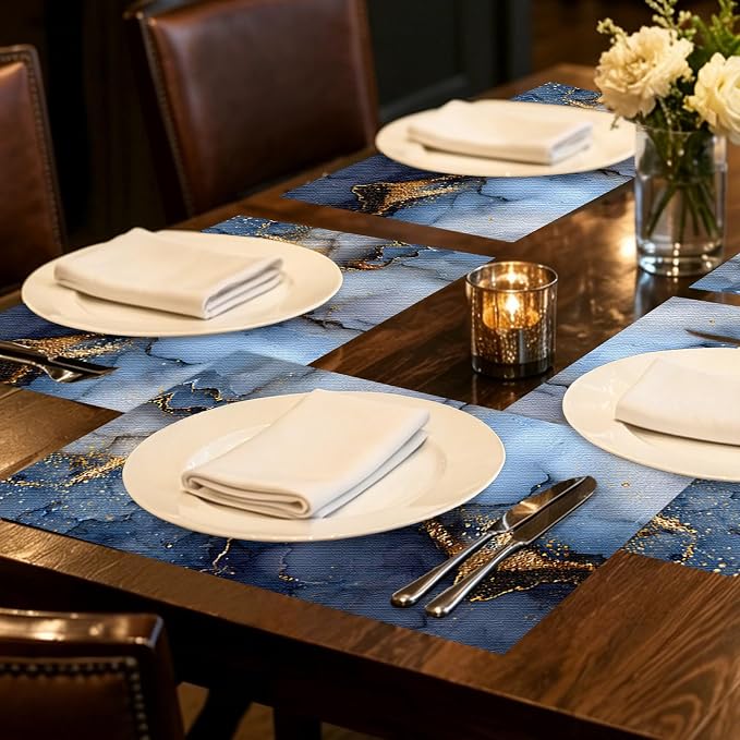 Nuxovilar Square placemats Set of 7 Table Runner and placemats Deep Blue&Gold Marble Pattern Linen-Cotton Tablerunner(72X13inch)&6 Placemats(11.8X17.7) Table Decor Essentials Kitchen,Dining Room