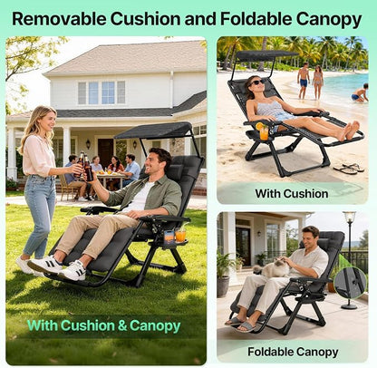 Suteck Zero Gravity Chair with Canopy, Reclining Camping Lounge Chairs | with Removable Cushion, Upgraded Lock and Cup Holder, Folding Patio Recliner for Indoor and Outdoor，90°-170° Adjust