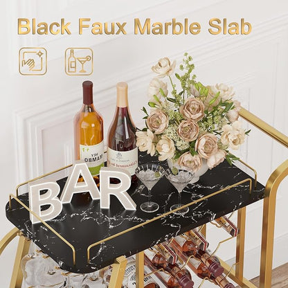 Bar Cart for Home, Home Bar Serving Cart on Wheels, 3 Tier Liquor Carts with Wine Rack and Glass Holder, Rolling Beverage Trolley (Gold & Marbleized Black)