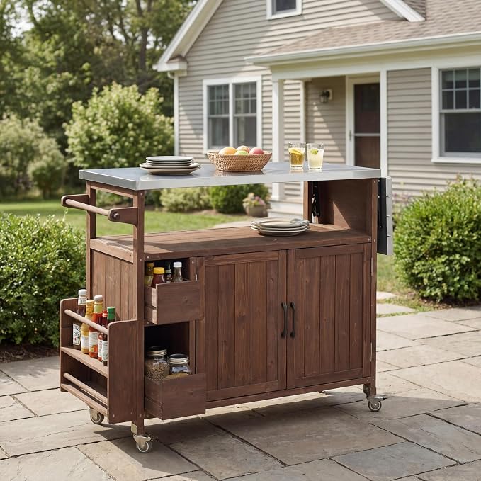 Christopher Knight Home Edsel Outdoor Bar Cart with Stainless Steel Top and Lockable Wheels, Solid Wood Outdoor Storage Cabinet, Kitchen Island Serving Cart for Poolside, Garden, Brown+Silver