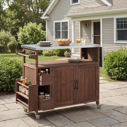 Christopher Knight Home Edsel Outdoor Bar Cart with Stainless Steel Top and Lockable Wheels, Solid Wood Outdoor Storage Cabinet, Kitchen Island Serving Cart for Poolside, Garden, Brown+Silver