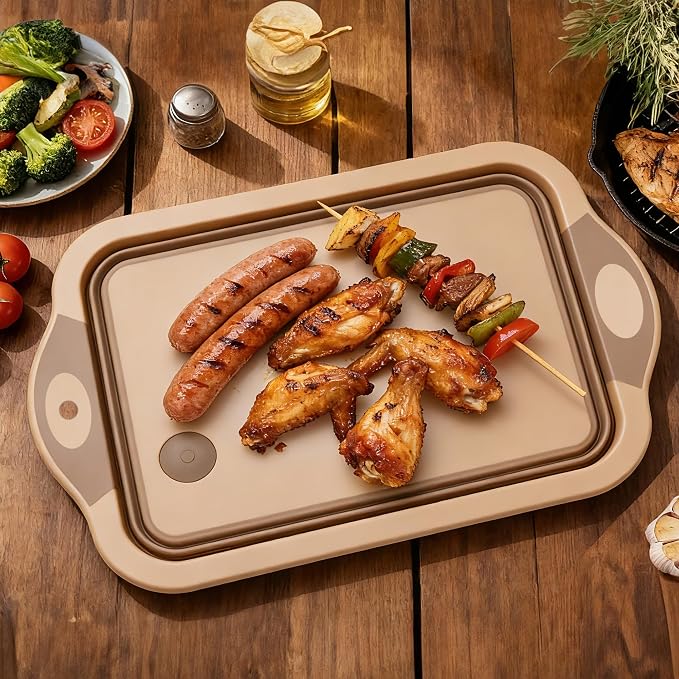 QiMH Collapsible BBQ Prep Tub, Picnic Basket with Lid, Foldable Dish Basin, Food Grade Silicone Cutting Board for Washing and Draining Veggies and Fruits, Portable for Camping, Traveling, and Kitchen