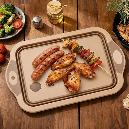 QiMH Collapsible BBQ Prep Tub, Picnic Basket with Lid, Foldable Dish Basin, Food Grade Silicone Cutting Board for Washing and Draining Veggies and Fruits, Portable for Camping, Traveling, and Kitchen