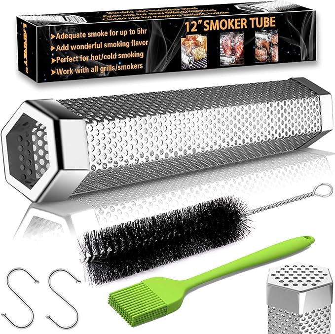 Smoke Tube for Pellet Smoker, 12'' Smoker Tube for Pellet Grill - Hot or Cold Smoker Accessories for Electric Gas Charcoal Grilling, Premium Stainless Steel Portable Barbecue Smoking Tube, Bonus Brush