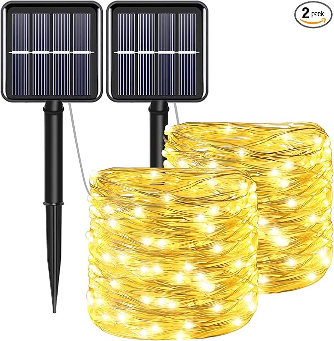 Solar String Lights for Outside, Fairy Lights Outdoor Waterproof, Warm White 2Pack Total 200LED 66Ft 8 Modes Mini Small Solar Powered Lights for Christmas, Garden, Patio, Fence, Balcony