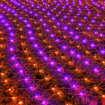 LJLNION Halloween Net Lights, 360 LED 12ft x 5ft Connectable Mesh Fairy String Lights, 8 Modes Low Voltage Safe Adaptor for Xmas Trees Bushes Wedding Outdoor Garden Yard Decorations, Orange & Purple