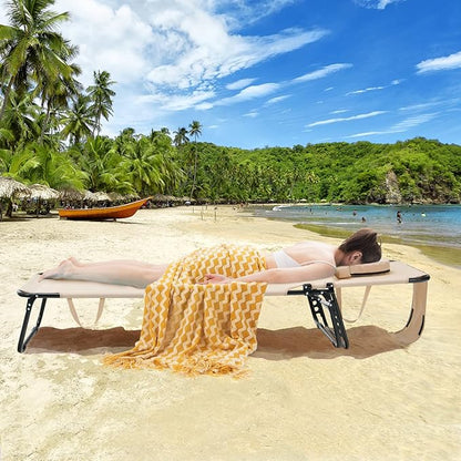 GYMAX Tanning Chair, 330lbs Beach Lounge Chair with Face Hole, Detachable Washable Pillow & Carry Strap, Adjustable Folding Chaise Lounge, Layout Chair for Outside, Patio, Poolside, Lawn (1, Beige)